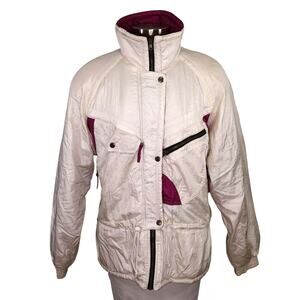 SKI Jacket Womens Large Ivory Pink Insulated Lined Zipper Snaps Pockets Vintage